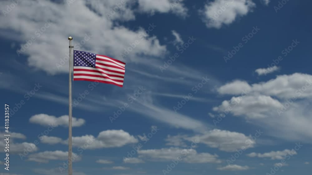 American flag waving in the wind with blue sky and clouds. USA banner blowing, soft and smooth silk. Cloth fabric texture ensign background. Use it for national day and country occasions concept.-Dan American flag waving in the wind with blue sky and clouds. USA banner blowing, soft and smooth silk. Cloth fabric texture ensign background. Use it for national day and country occasions concept.-Dan