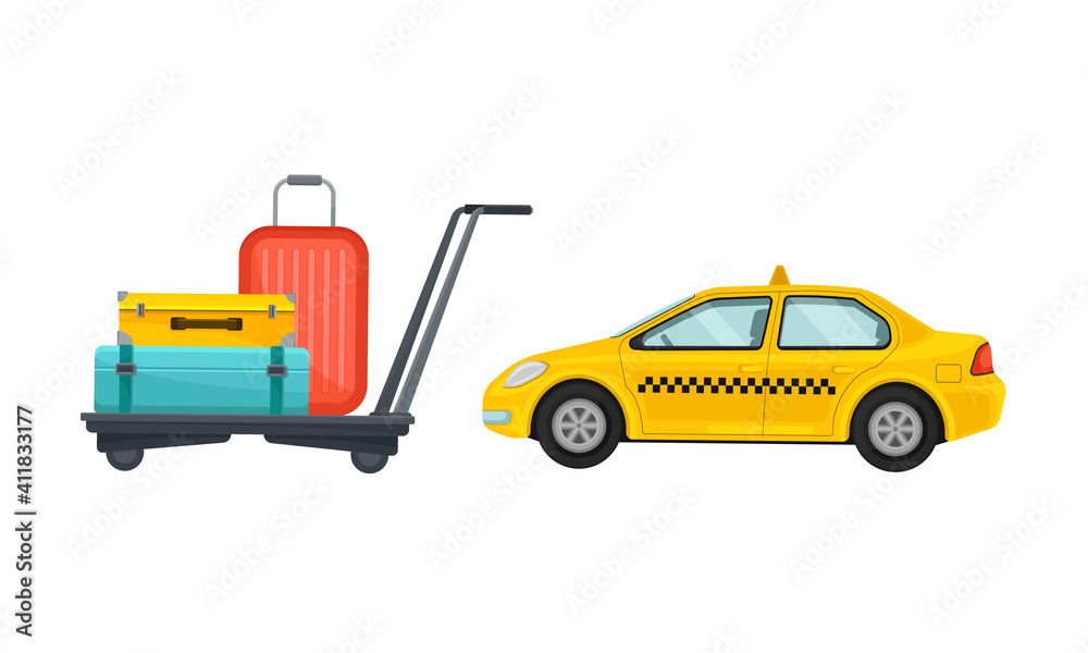 Naklejka premium Yellow Taxi Car and Trolley with Baggage as Airport Terminal Vector Set
