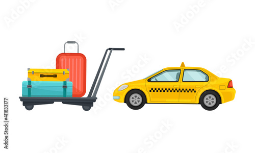Yellow Taxi Car and Trolley with Baggage as Airport Terminal Vector Set
