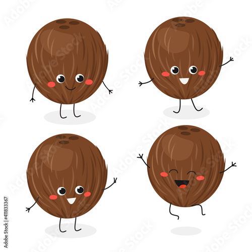 Coconut cartoon character emoticon set vector illustration