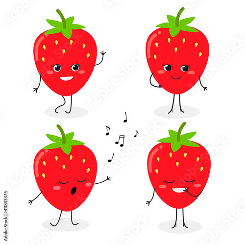 Strawberry cartoon character emoticon set vector illustration