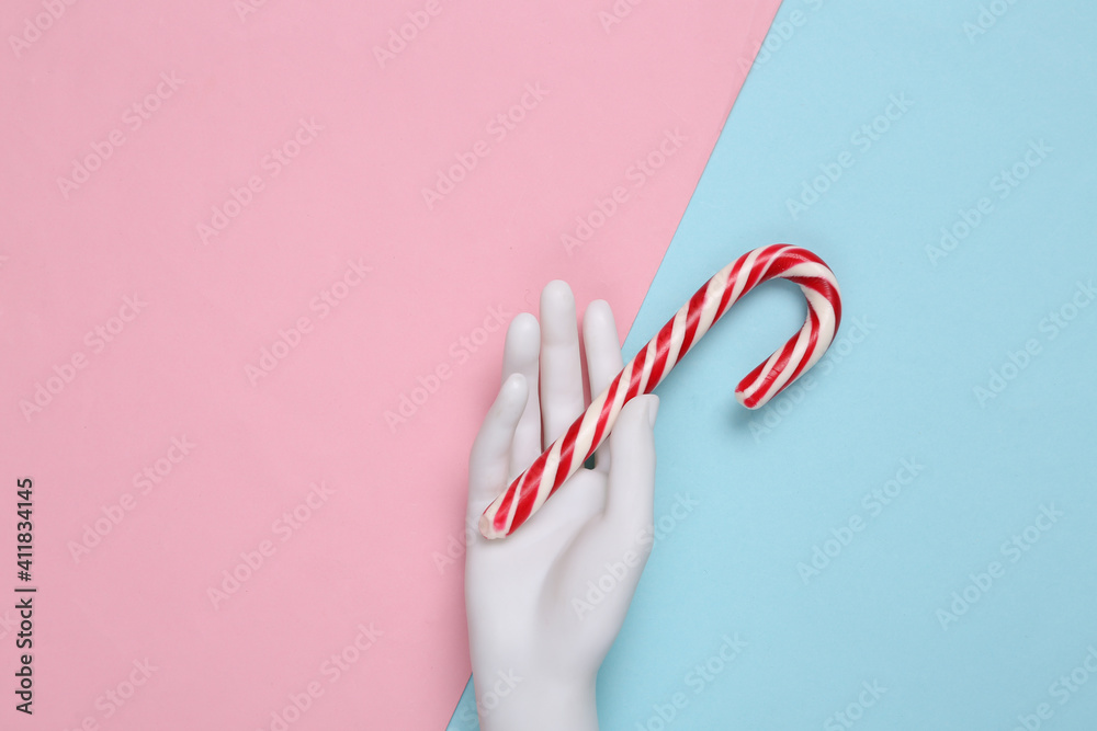 Mannequin hand holding christmas striped candy cane on a blue pink background.