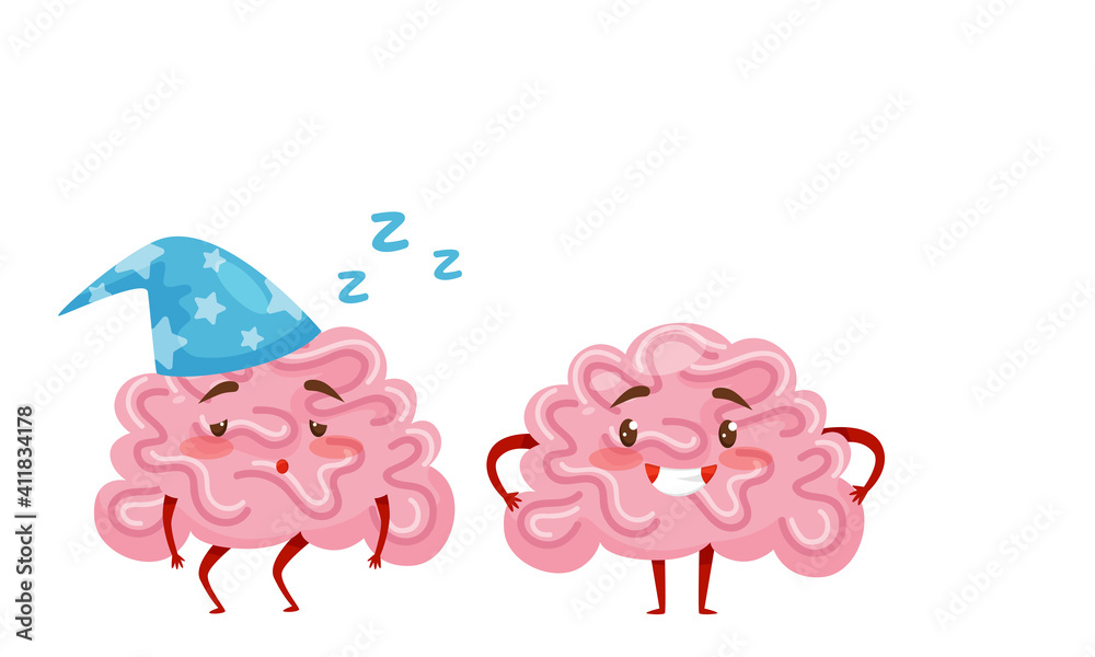 Funny Pink Brain with Arms and Legs Sleeping and Smiling Vector Set Funny Pink Brain with Arms and Legs Sleeping and Smiling Vector Set