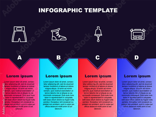Set line Boxing short, Sport boxing shoes, Ringing bell and Stopwatch. Business infographic template. Vector.