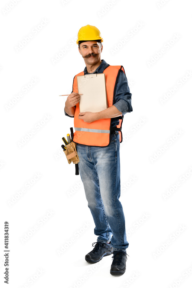 Construction worker with moustache holding clipboard isolated on white background