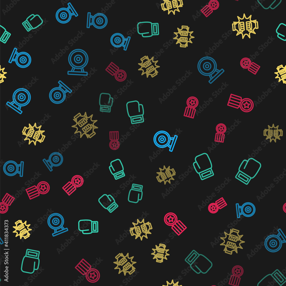 Set line Gong, Boxing glove, Punch boxing gloves and Medal on seamless pattern. Vector. Set line Gong, Boxing glove, Punch boxing gloves and Medal on seamless pattern. Vector.