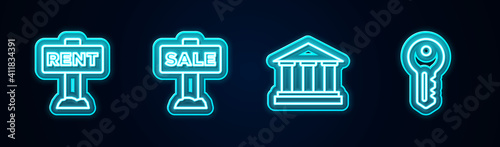 Set line Hanging sign with Rent, Sale, Museum building and House key. Glowing neon icon. Vector.