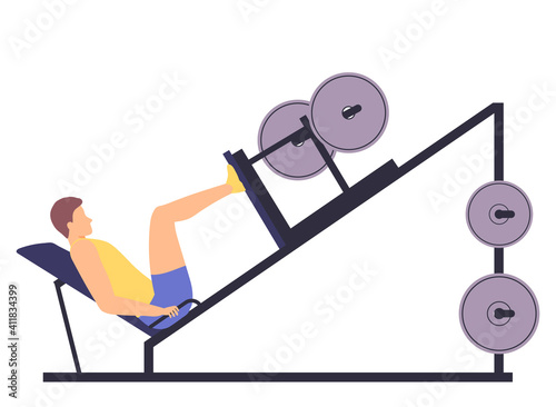 Young man doing leg press. Exercises on a sports simulator. Healthy lifestyle. Vector illustration in hand drawn flat style.