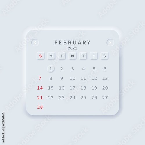 2021 calendar February month. Neumorphism style. Vector EPS 10. Isolated on white background photo