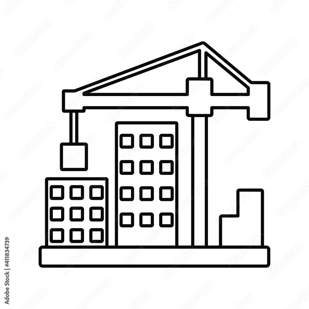 Crane with building icon in trendy flat style isolated on white background. Symbol for your web site design color editable Crane with building icon in trendy flat style isolated on white background. Symbol for your web site design color editable