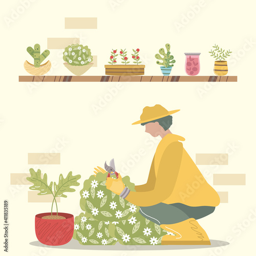 home garden, gardener with scissors trimming bush plants in pots