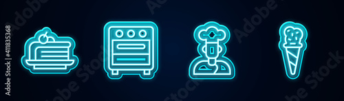 Set line Piece of cake, Oven, Cook and Ice cream in waffle cone. Glowing neon icon. Vector.