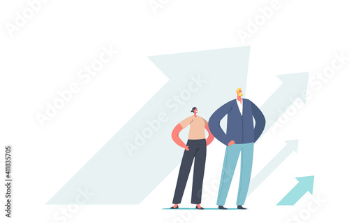 Successful Business Leaders Grow, Financial Success, Career Growth Concept. People at Rising Arrows, Move to Success
