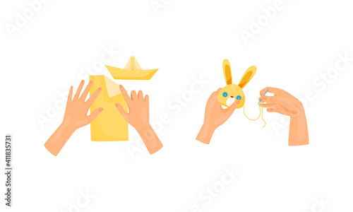 Hands Folding Paper and Sewing Stuffed Toy as Handmade Craft Vector Set