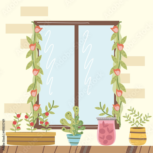 home garden window with flowers and potted plants