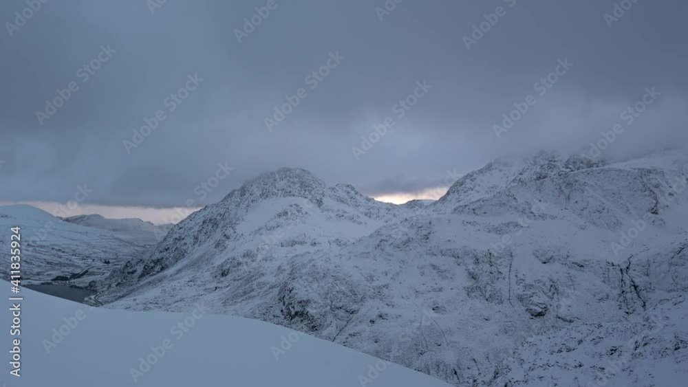 Timelapse aerial view of the Glyderau mountains in Snowdonia Timelapse aerial view of the Glyderau mountains in Snowdonia