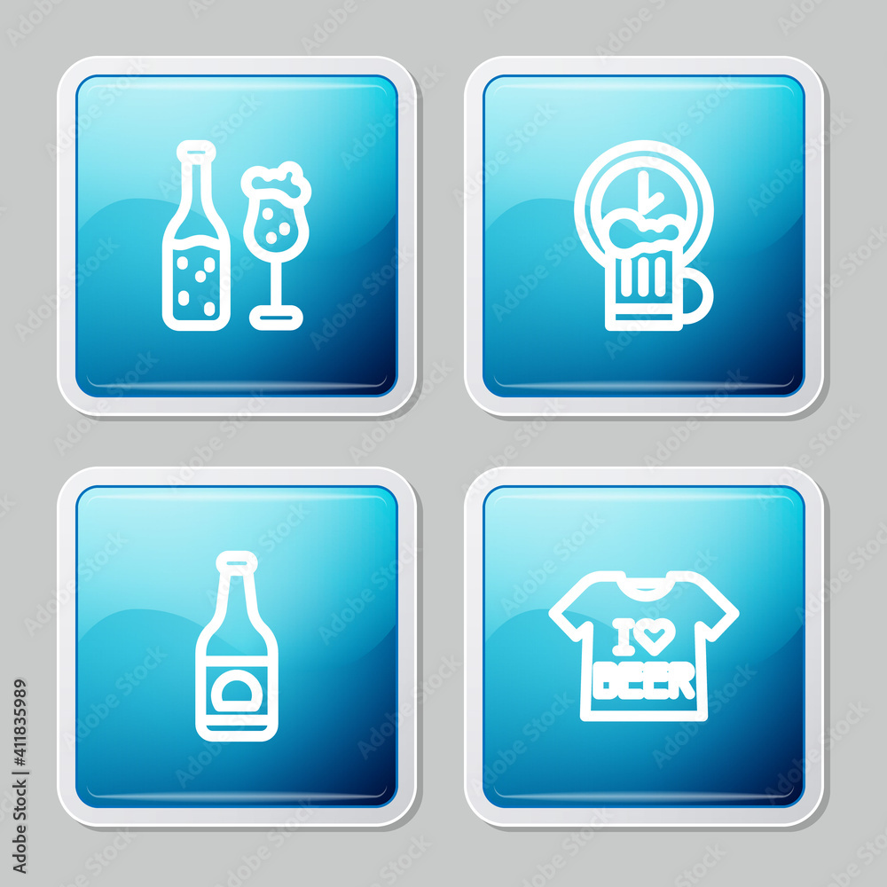 Set line Beer bottle and glass, Happy hour, and T-shirt icon. Vector. Set line Beer bottle and glass, Happy hour, and T-shirt icon. Vector.
