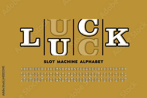 Slot machine style casino font, alphabet letters and numbers