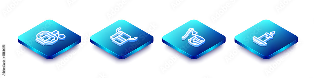 Set Isometric line Aftershave, Towel on hanger, Wooden axe in stump and Aroma candle icon. Vector. Set Isometric line Aftershave, Towel on hanger, Wooden axe in stump and Aroma candle icon. Vector.