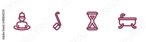 Set line Man in the sauna, Sauna hourglass, ladle and Bathtub icon. Vector.