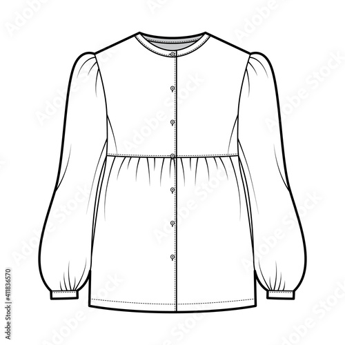 Tunic blouse technical fashion illustration with bouffant long sleeves, stand collar, gathered hem, oversized, button up. Flat apparel top template front, white color. Women, men unisex CAD mockup