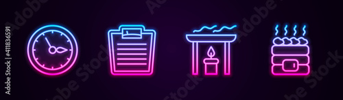 Set line Sauna clock, Bathroom scales, Aroma candle and Hot sauna stones. Glowing neon icon. Vector.