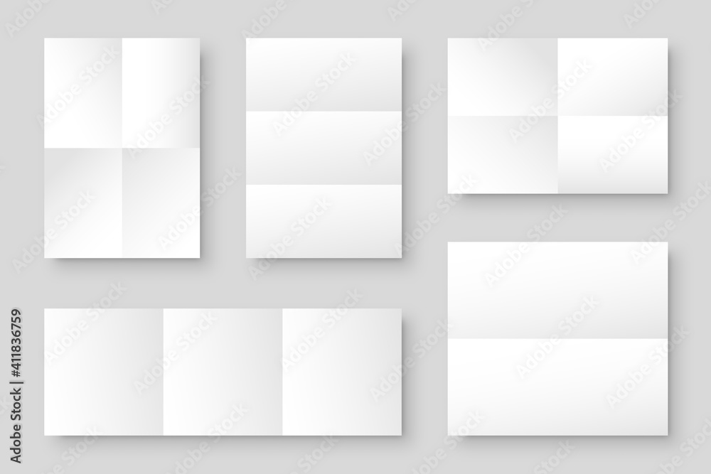 Blank folded paper sheets collection. White notebook or book page. Design template or mockup. Vector illustration.