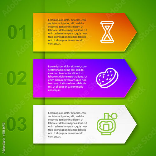 Set line Sauna hourglass, Bath sponge and Aftershave. Business infographic template. Vector.