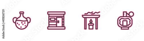 Set line Essential oil bottle, Aroma candle, Sauna wooden bathhouse and Aftershave icon. Vector.