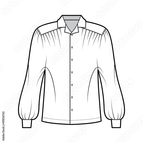 Gaucho blouse technical fashion illustration with dolman puff long sleeves, open collar, oversized, button up. Flat apparel top template front, white color. Women, men unisex CAD mockup