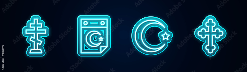 Set line Christian cross, Star and crescent, and . Glowing neon icon. Vector. - obrazy, fototapety, plakaty 