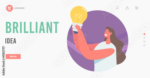 Brilliant Idea Landing Page Template. Happy Female Character Holding Glowing Lamp, Woman with Lightbulb Thinking