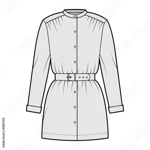 Belted blouse technical fashion illustration with long sleeves, stand collar, oversized, button up, enlarged hem. Flat apparel top template front, grey color. Women, men unisex CAD mockup