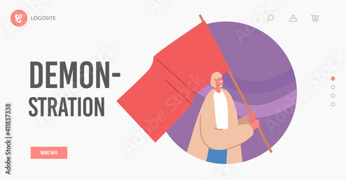 Woman with Red Flag on Revolution, Rally Demonstration, Strike Landing Page Template. Female Character with Pennant