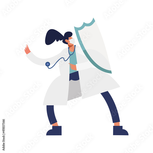 female doctor wearing medical mask with shield and stethoscope character