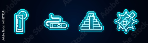 Set line Tequila glass with lemon, Cigar, Chichen Itza in Mayan and Tabasco sauce. Glowing neon icon. Vector.