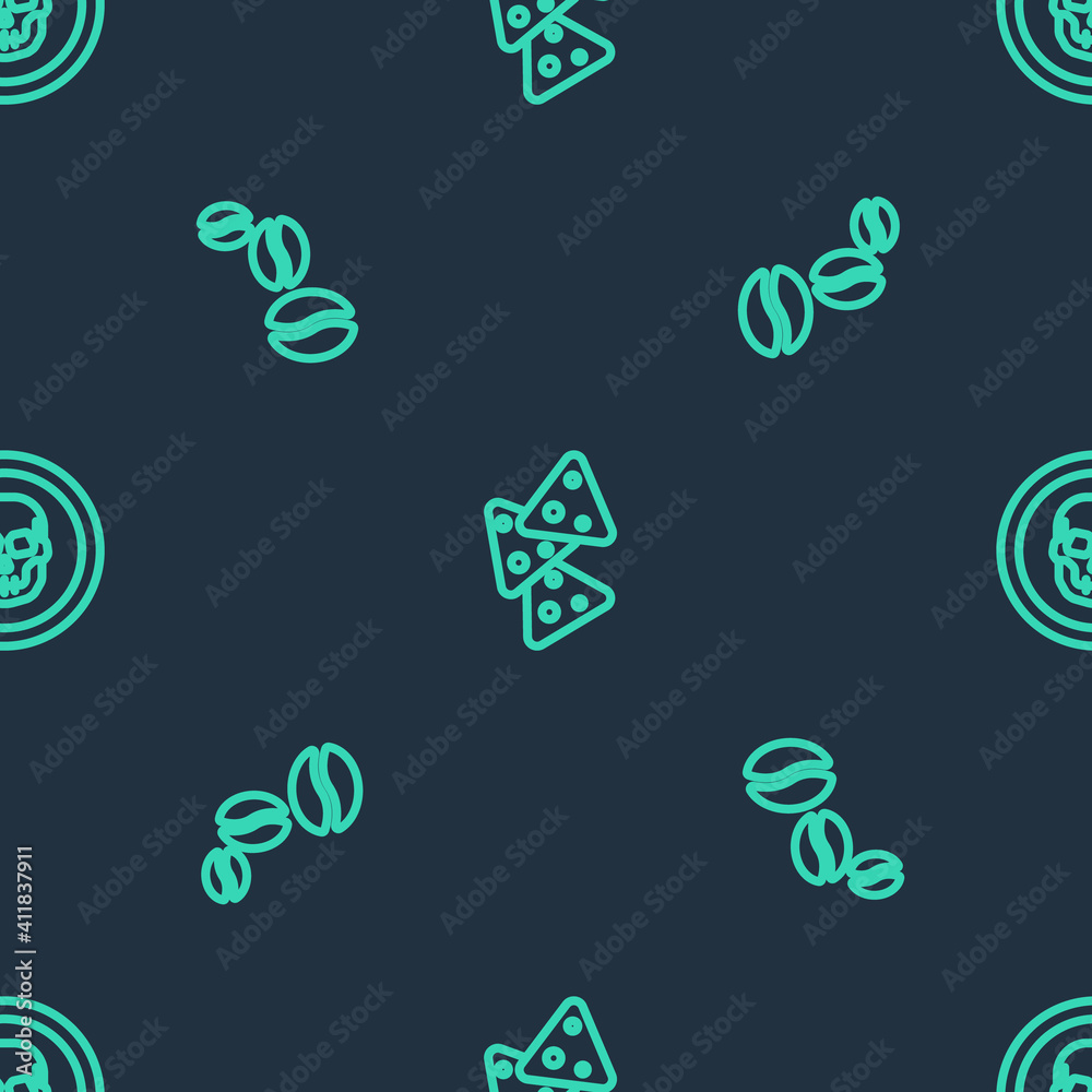 Set line Nachos, Coffee beans and Mexican skull coin on seamless pattern. Vector. Set line Nachos, Coffee beans and Mexican skull coin on seamless pattern. Vector.