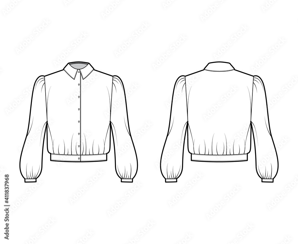 Blouson blouse technical fashion illustration with bouffant long sleeves, classic shirt neck, oversized, button up. Flat apparel top template front, back, white color. Women, men unisex CAD mockup - obrazy, fototapety, plakaty 