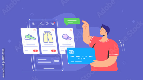 Online store e-commerce mobile app usage by consumer. Flat line vector illustration of young man holding blue credit card and pointing to the online e-store web cart with goods on smartphone screen