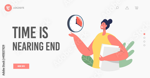 Deadline Landing Page Template. Female Business Character Stressed with Urgent Work. Businesswoman Holding Papers