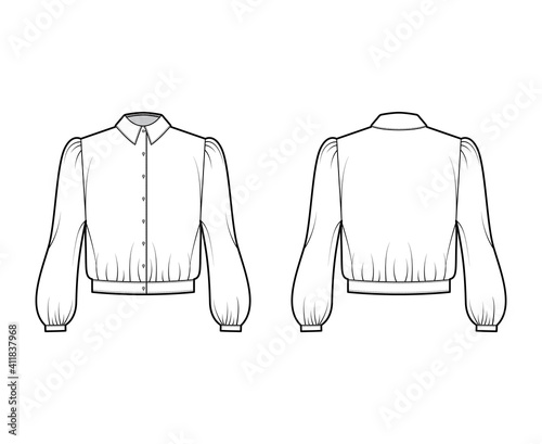 Photographie Blouson blouse technical fashion illustration with bouffant long sleeves, classic shirt neck, oversized, button up