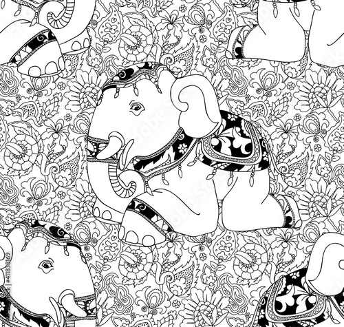 Seamless wallpaper pattern. The elephant is in blanket lies on a floral ornament. Traditional oriental style. Textile composition, hand drawn style print. Vector black and white illustration. photo