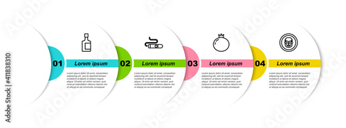 Set line Tequila bottle, Cigar, Tomato and Mexican skull coin. Business infographic template. Vector.