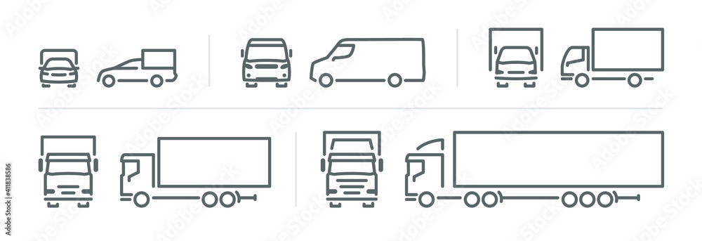 Set of transport icons, line silhouette front and side view, delivery transport  - obrazy, fototapety, plakaty 