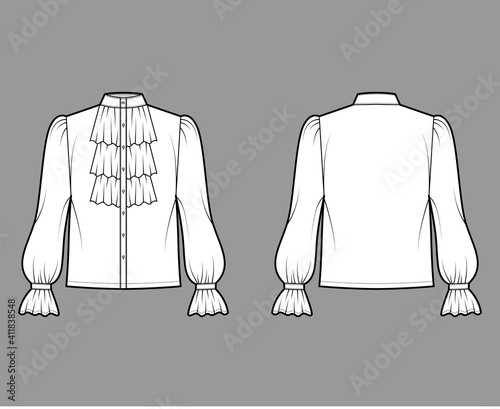 Poet pirate blouse technical fashion illustration with ruffles collar, bishop long sleeves, stand neck, loose fit, button up. Flat top template front, back, white color. Women, unisex shirt CAD mockup