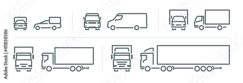 Set of transport icons, line silhouette front and side view, delivery transport 