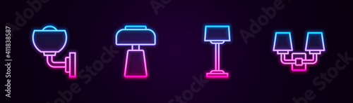 Set line Wall lamp or sconce, Table, Floor and . Glowing neon icon. Vector.