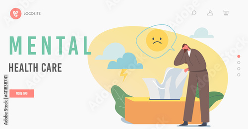 Mental Health Care Landing Page Template. Anxious Woman Suffer of Depression and Anxiety Problem need Psychological Help