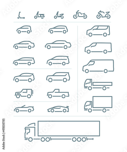 Big set of transport icons, outline silhouette, motorcycles, passenger cars, delivery transport 