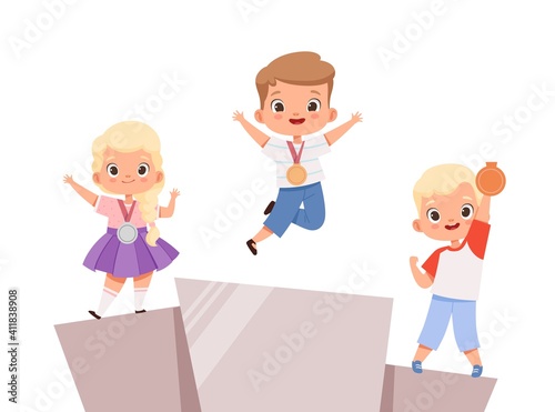 Kids victory. Children on pedestal with medals. Girl boy winners, toddler competition vector concept. Illustration winner podium champion, kids prize and reward